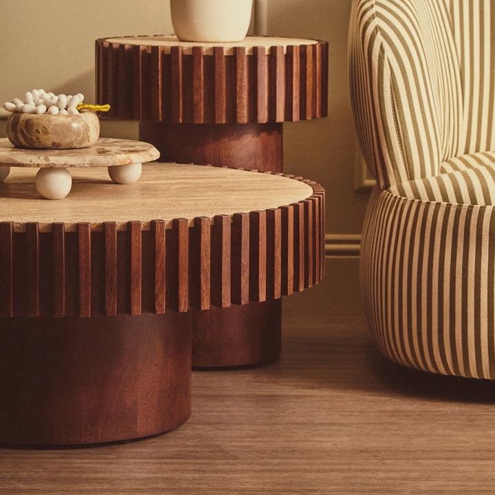 Baila Round Travertine & Mango Wood Coffee Table