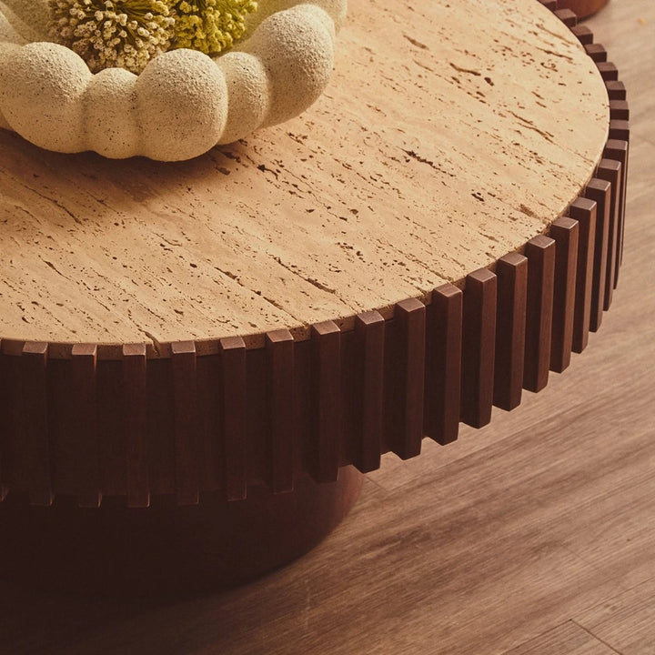 Baila Round Travertine & Mango Wood Coffee Table