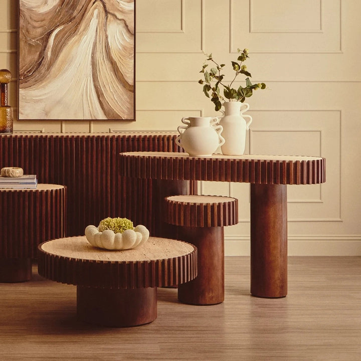Baila Round Travertine & Mango Wood Side Table