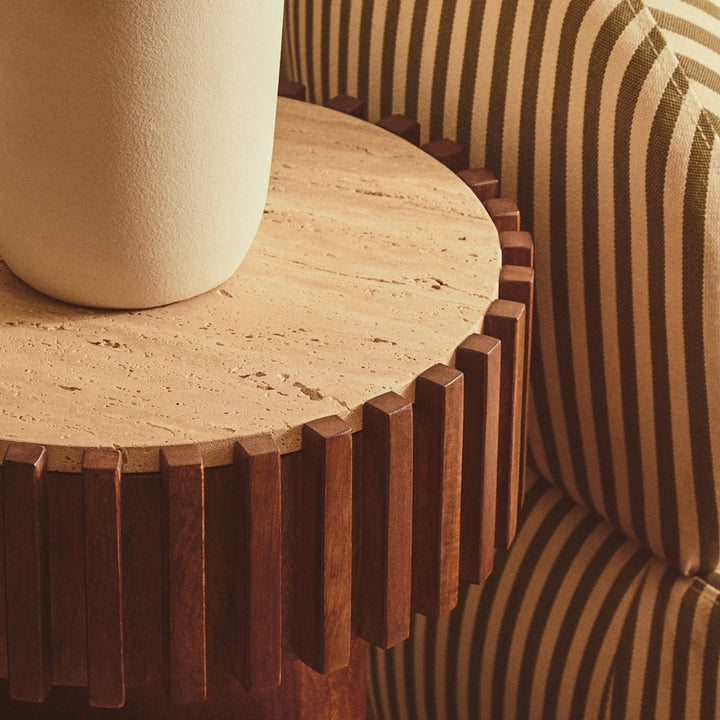 Baila Round Travertine & Mango Wood Side Table