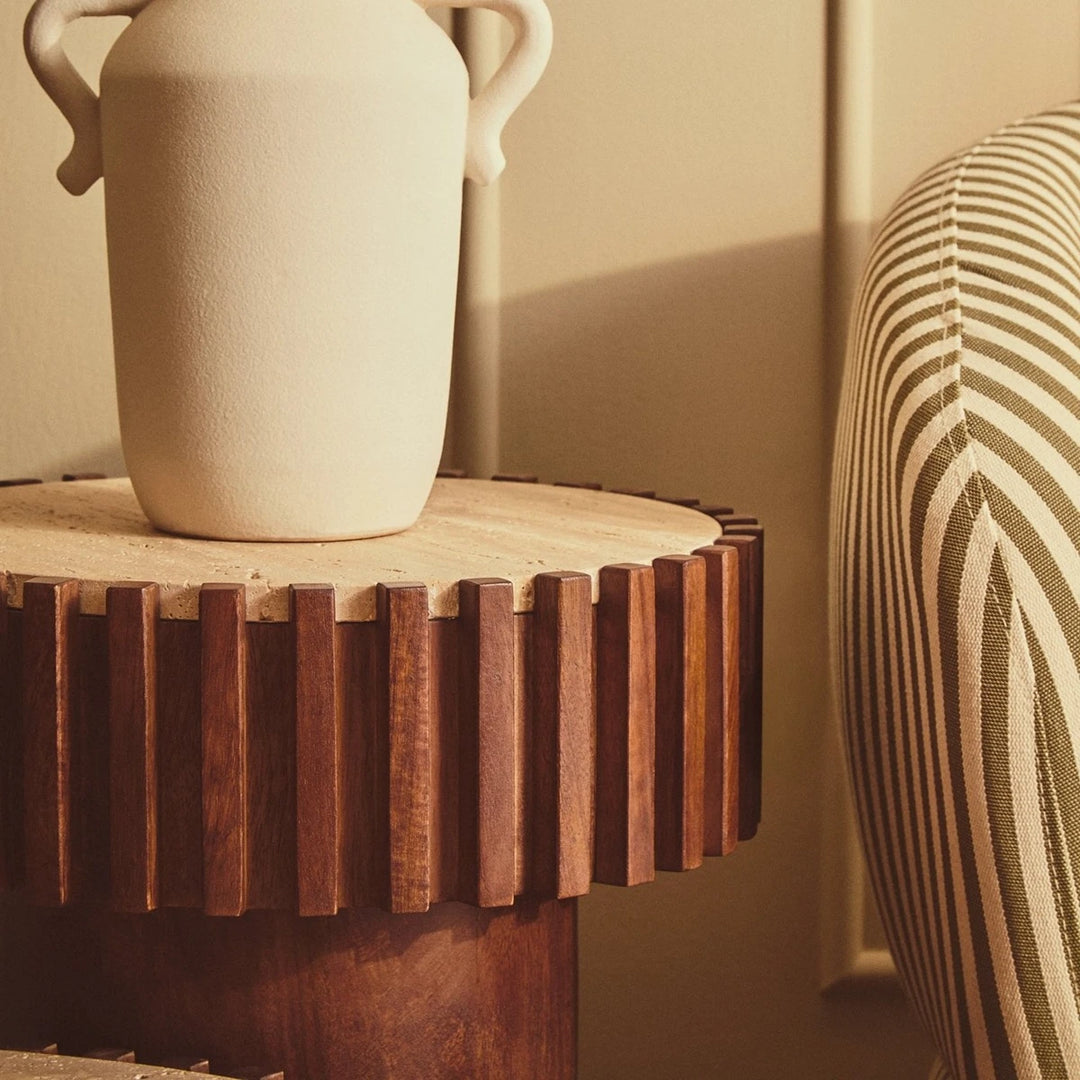 Baila Round Travertine & Mango Wood Side Table