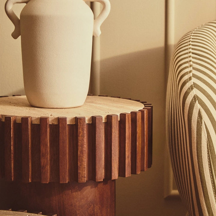 Baila Round Travertine & Mango Wood Side Table