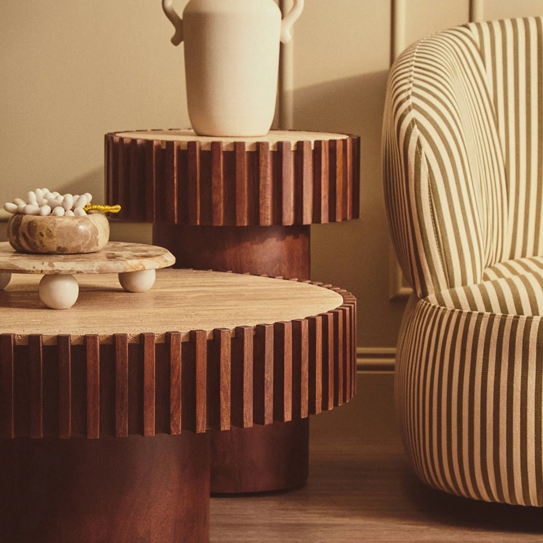 Baila Round Travertine & Mango Wood Side Table