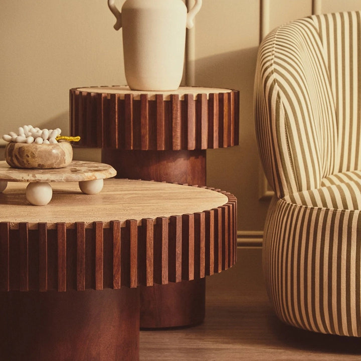 Baila Round Travertine & Mango Wood Side Table