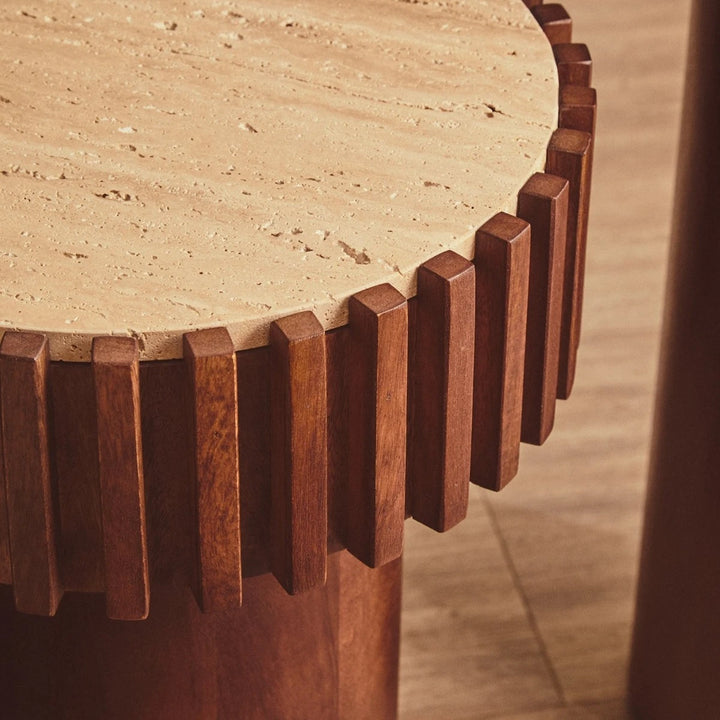 Baila Round Travertine & Mango Wood Side Table