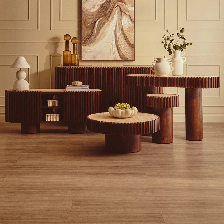 Baila Round Travertine & Mango Wood Side Table