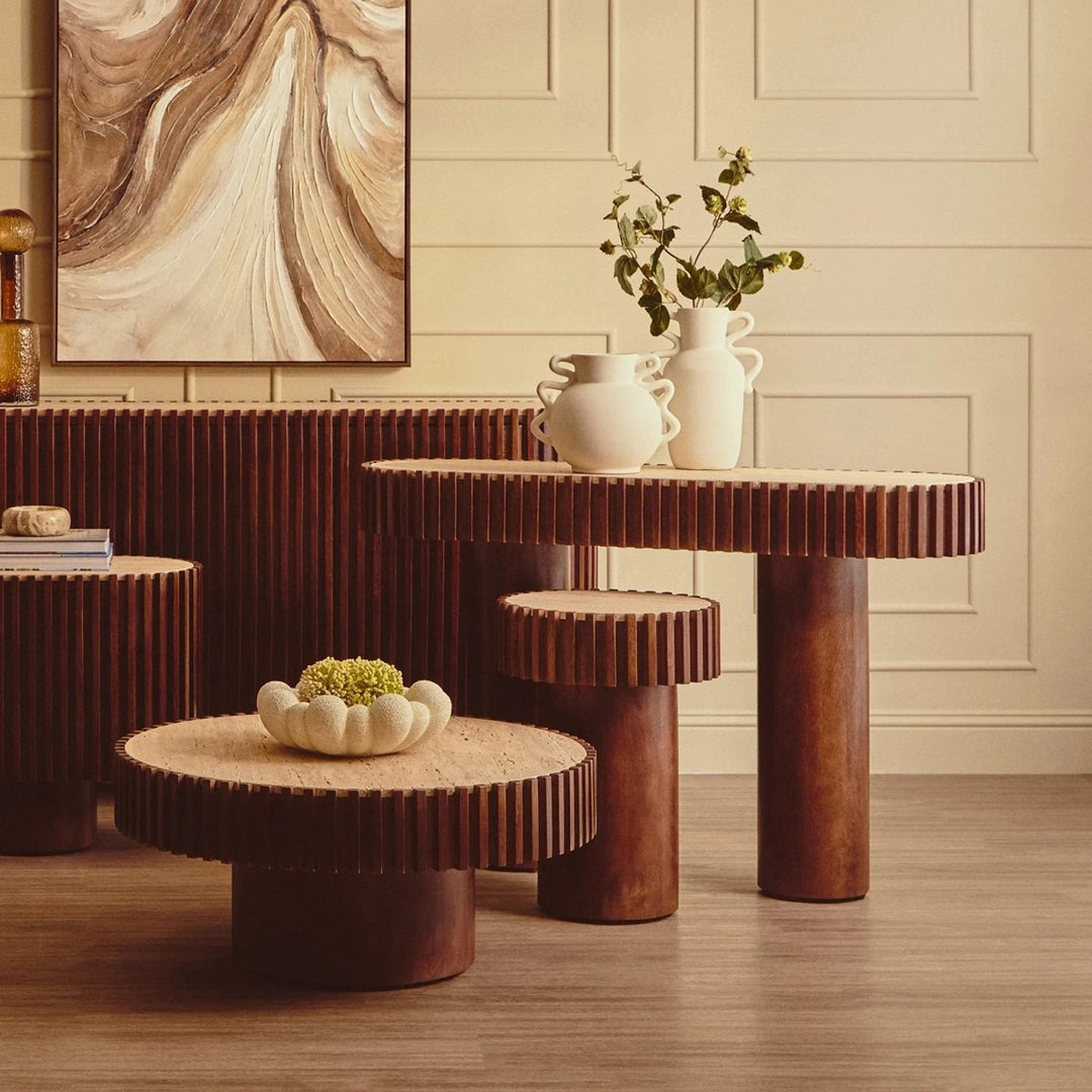 Baila Travertine & Mango Wood Curved Console Table