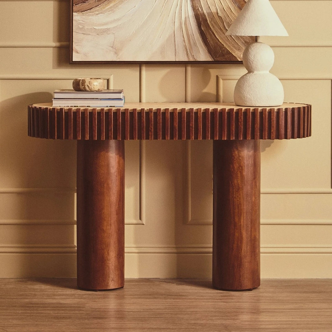 Baila Travertine & Mango Wood Curved Console Table