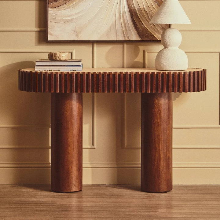 Baila Travertine & Mango Wood Curved Console Table