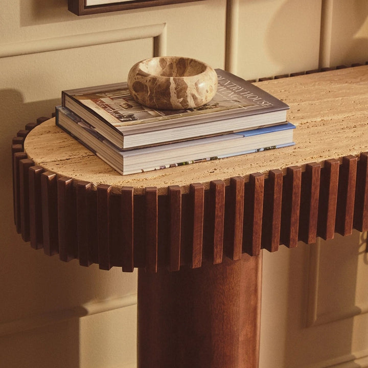 Baila Travertine & Mango Wood Curved Console Table