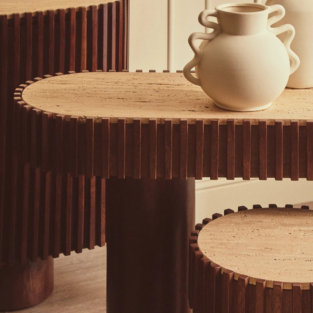Baila Travertine & Mango Wood Curved Console Table