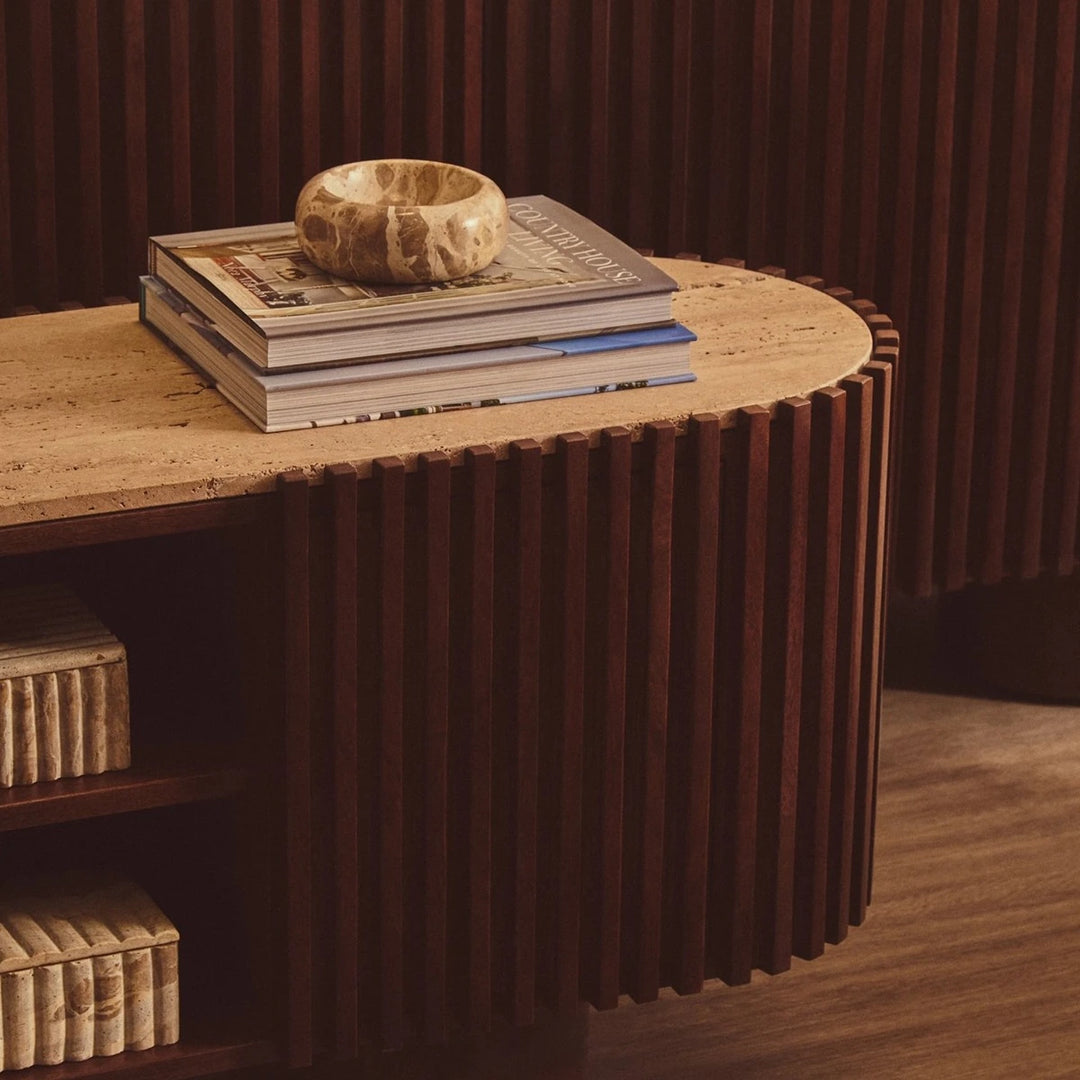 Baila Travertine & Mango Wood Curved Media Unit