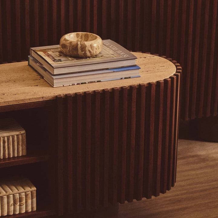 Baila Travertine & Mango Wood Curved Media Unit