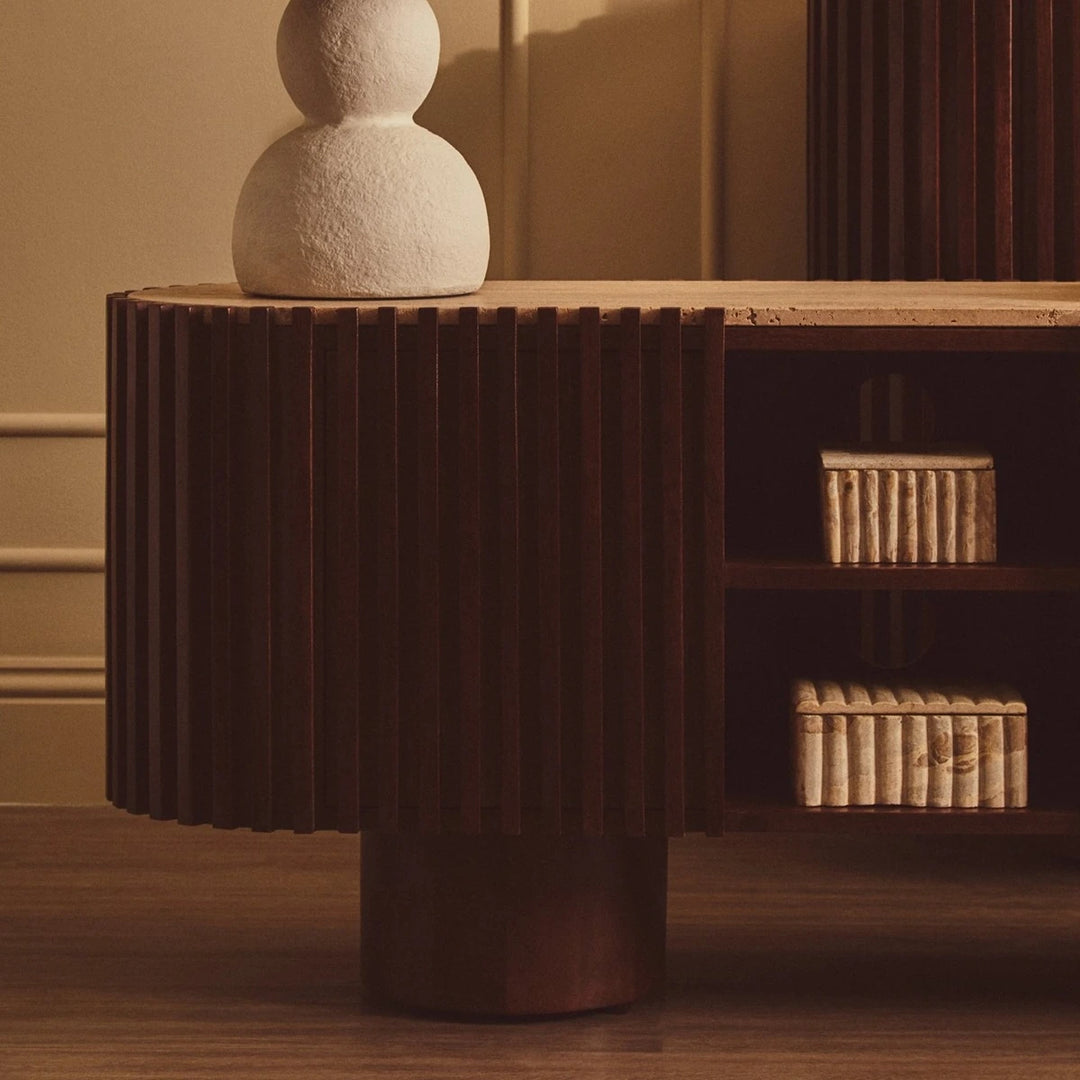 Baila Travertine & Mango Wood Curved Media Unit