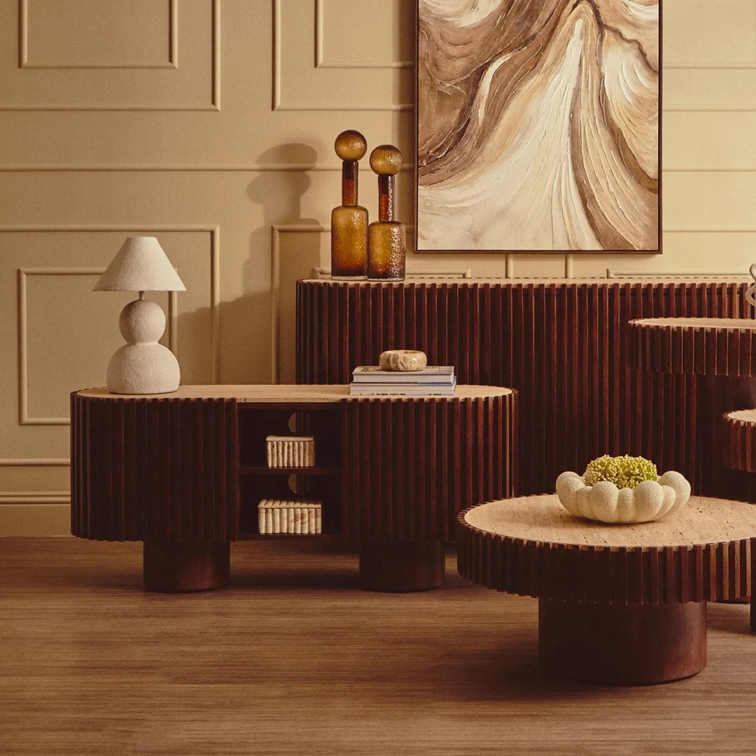 Baila Travertine & Mango Wood Curved Media Unit