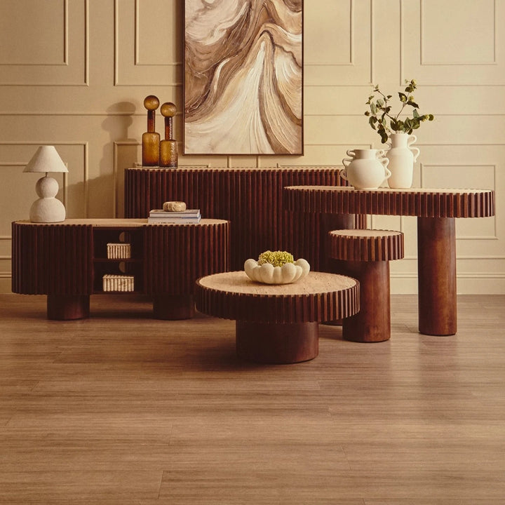 Baila Travertine & Mango Wood Curved Media Unit