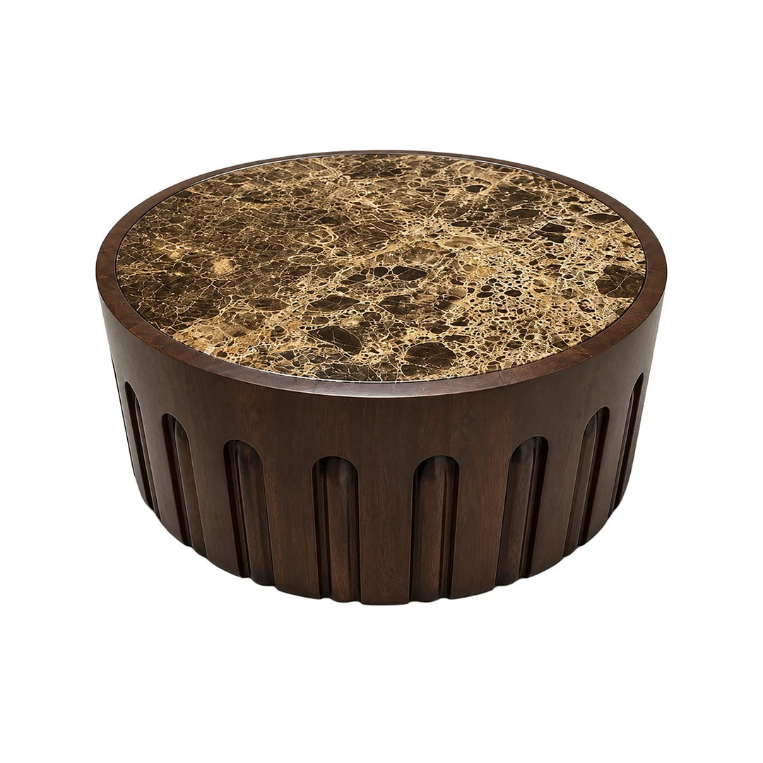 Bora Round Marble & Dark Mango Wood Carved Coffee Table