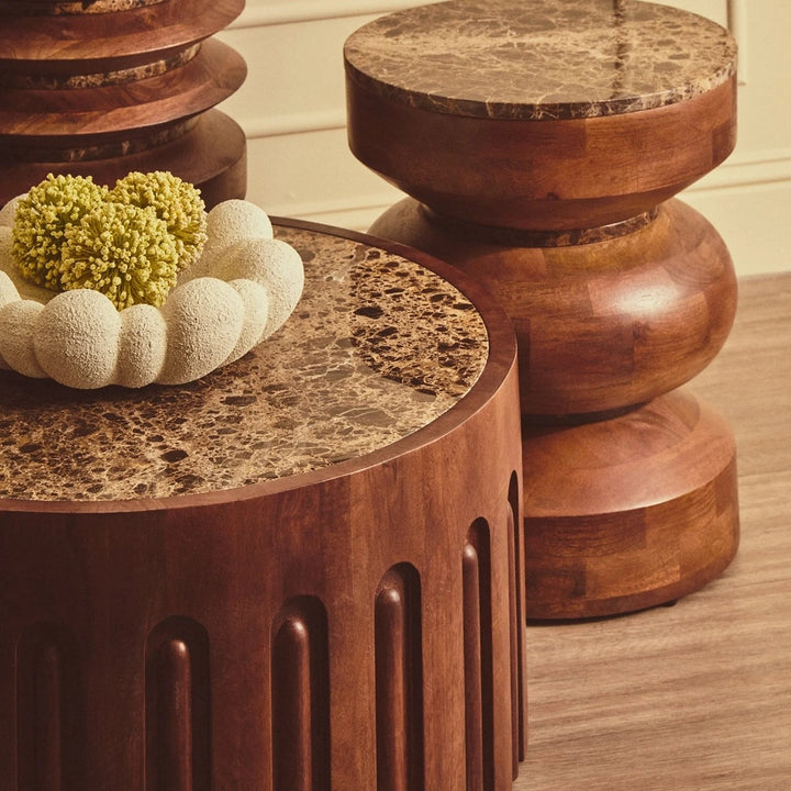 Bora Round Marble & Dark Mango Wood Carved Coffee Table