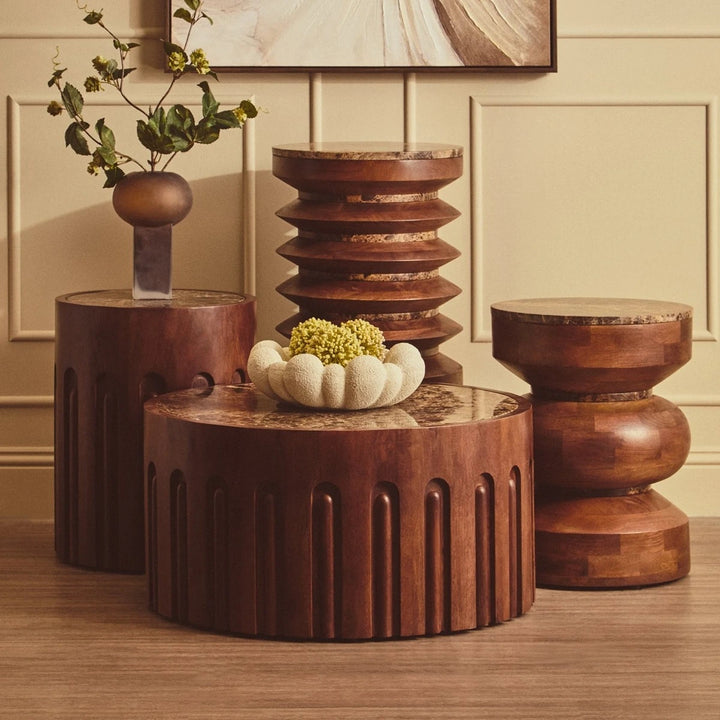 Bora Round Marble & Dark Mango Wood Carved Coffee Table