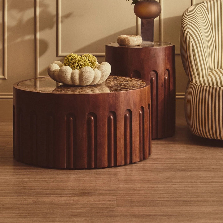 Bora Round Marble & Dark Mango Wood Carved Coffee Table