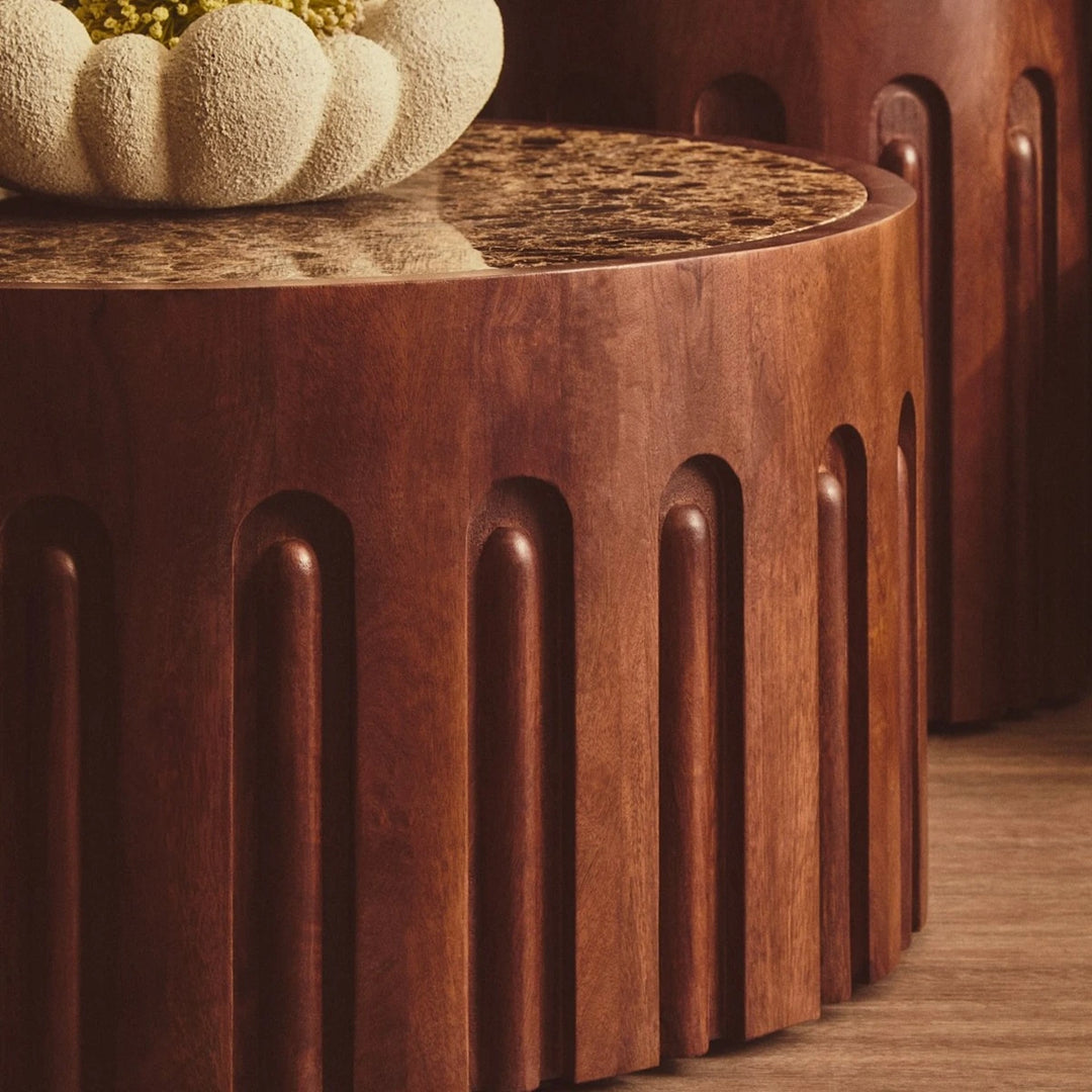 Bora Round Marble & Dark Mango Wood Carved Coffee Table