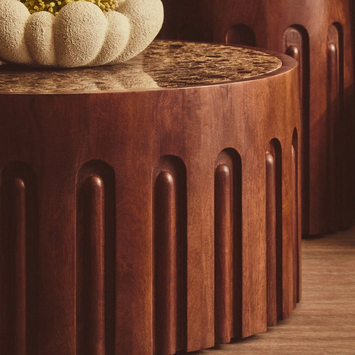 Bora Round Marble & Dark Mango Wood Carved Coffee Table