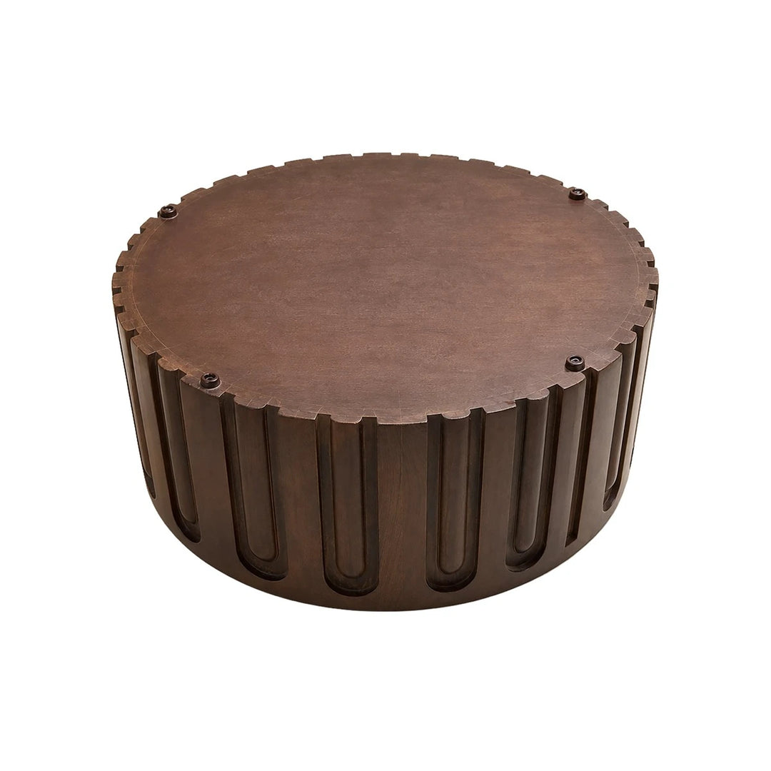 Bora Round Marble & Dark Mango Wood Carved Coffee Table