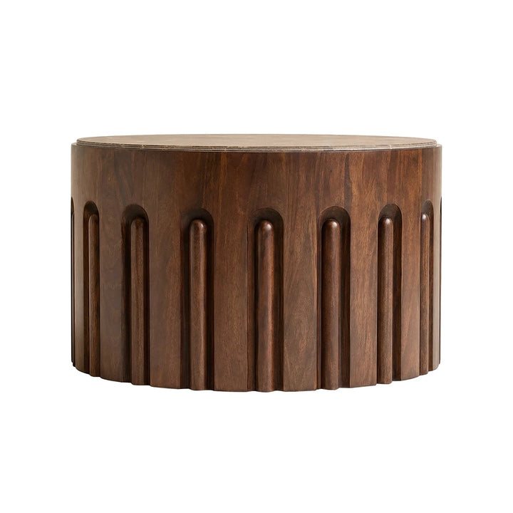 Bora Round Marble & Dark Mango Wood Carved Coffee Table