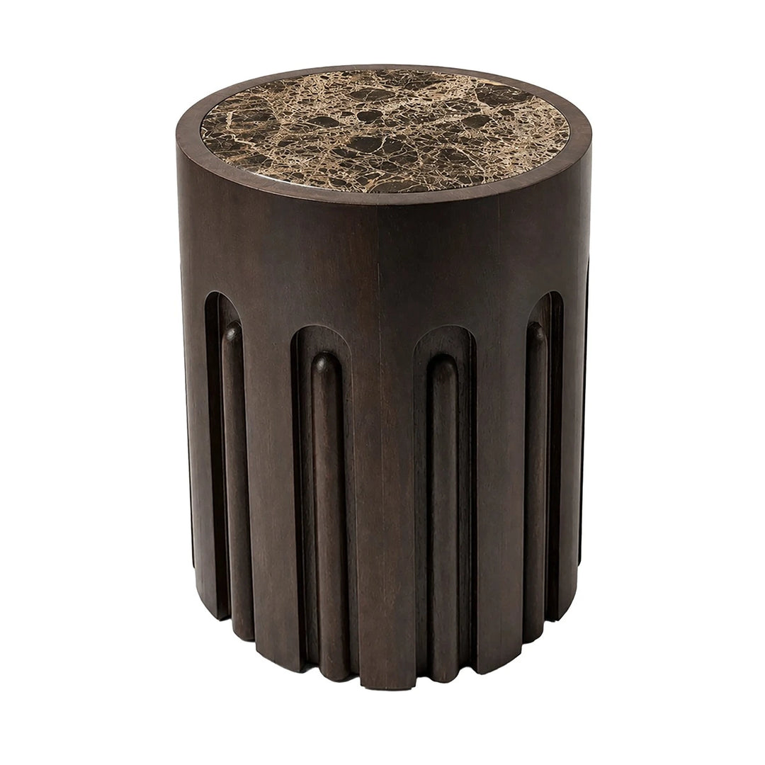 Bora Round Marble & Dark Mango Wood Carved Side Table