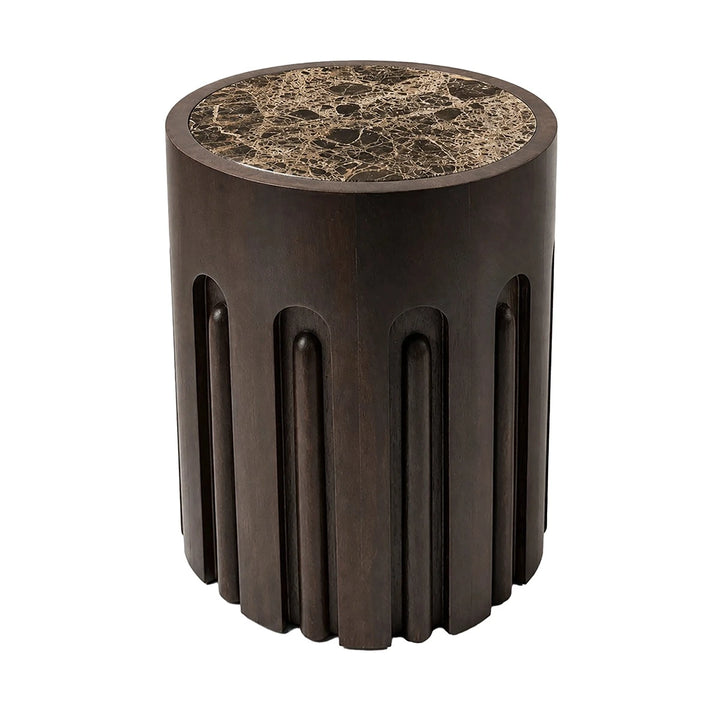 Bora Round Marble & Dark Mango Wood Carved Side Table