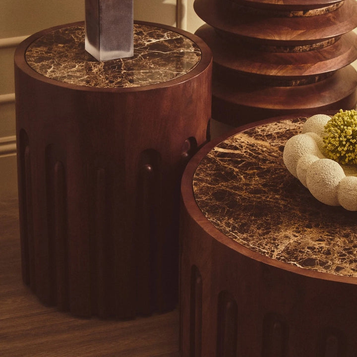 Bora Round Marble & Dark Mango Wood Carved Side Table