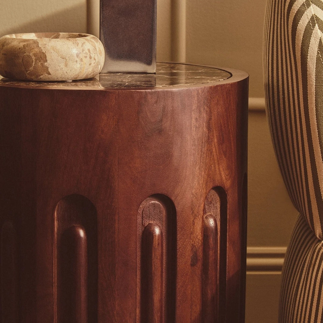 Bora Round Marble & Dark Mango Wood Carved Side Table