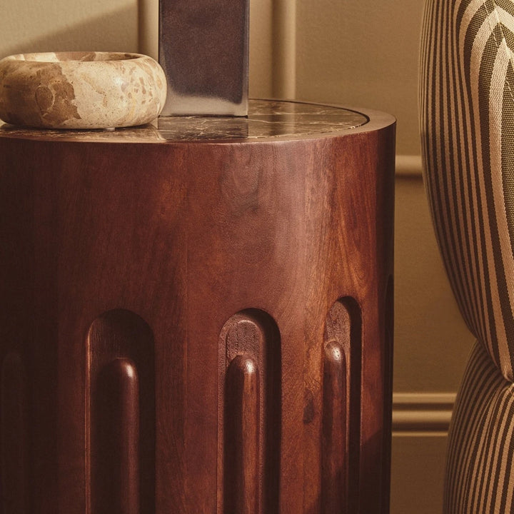 Bora Round Marble & Dark Mango Wood Carved Side Table