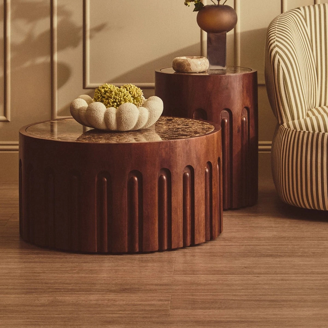 Bora Round Marble & Dark Mango Wood Carved Side Table