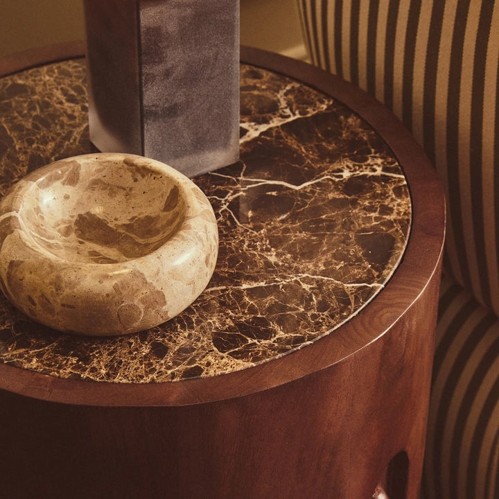 Bora Round Marble & Dark Mango Wood Carved Side Table