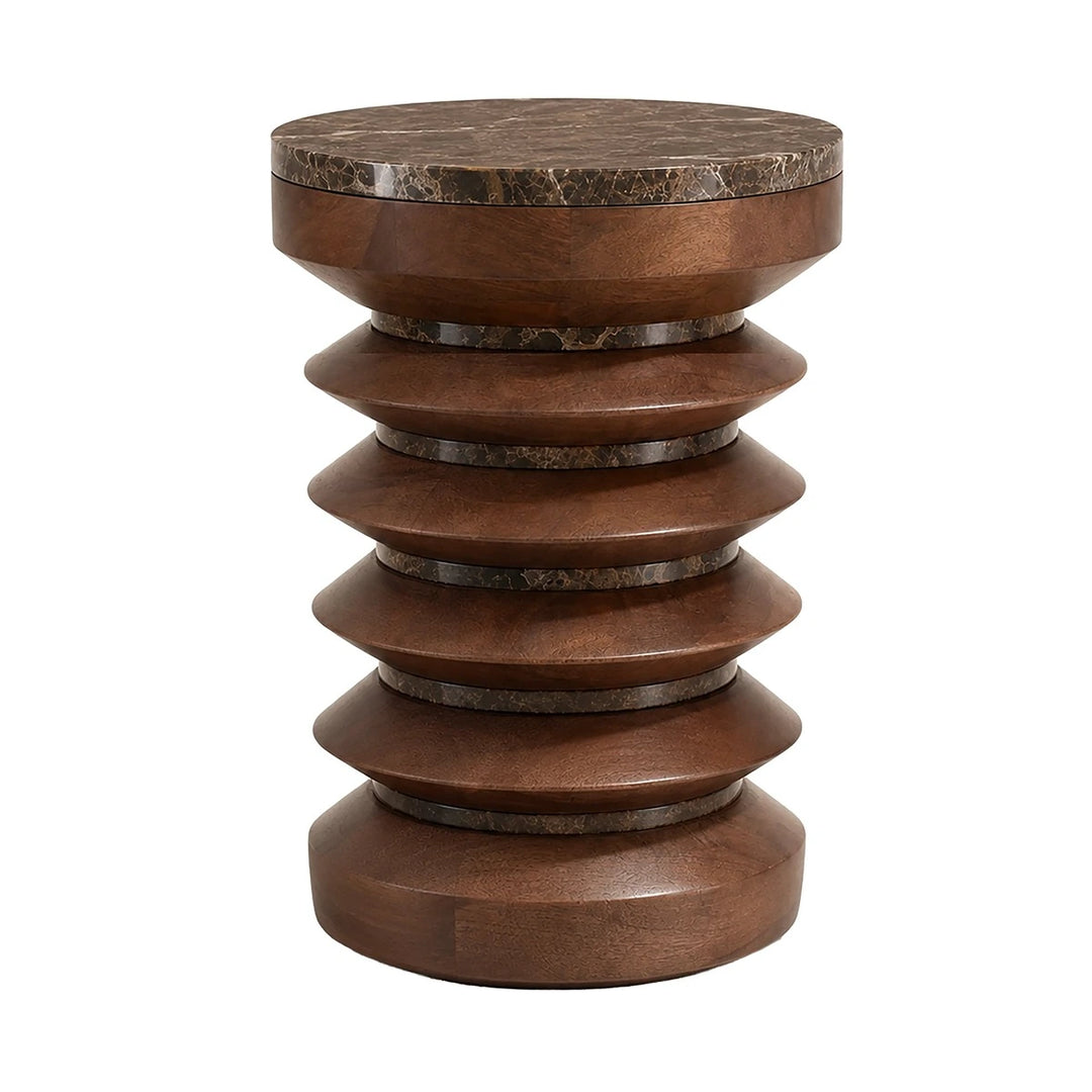 Bora Round Marble & Mango Wood Carved Side Table