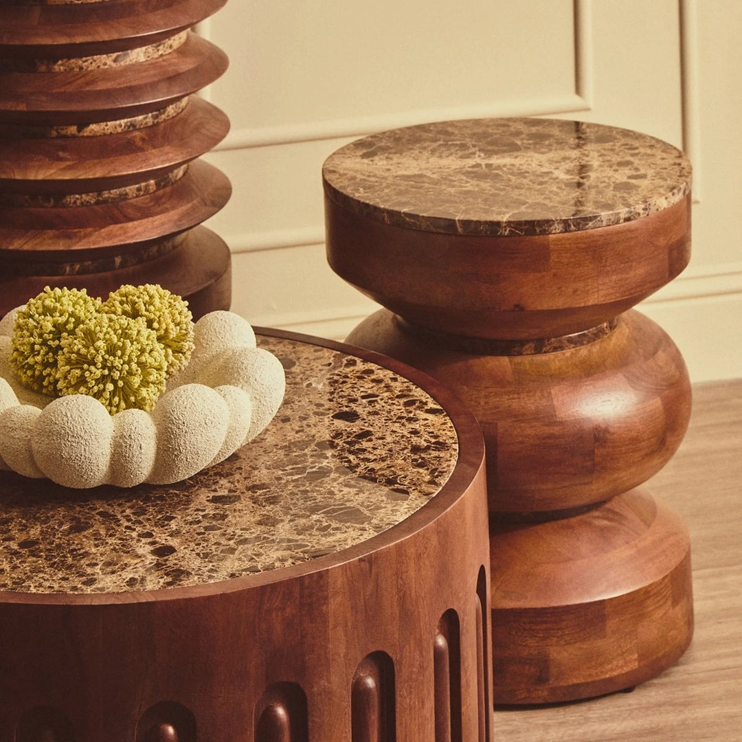 Bora Round Marble & Mango Wood Carved Side Table