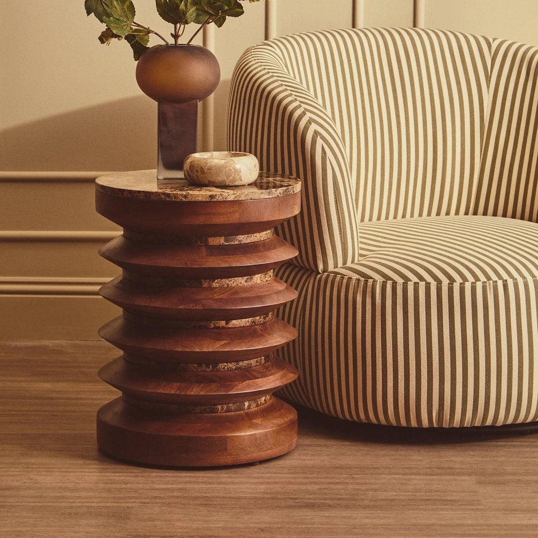 Bora Round Marble & Mango Wood Carved Side Table