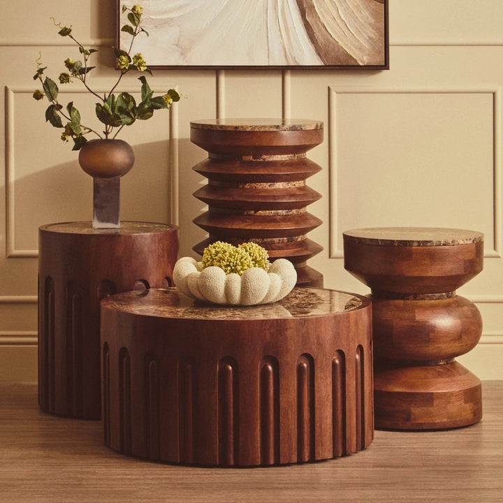 Bora Round Marble & Mango Wood Carved Side Table