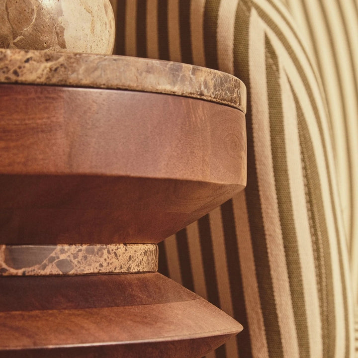Bora Round Marble & Mango Wood Carved Side Table