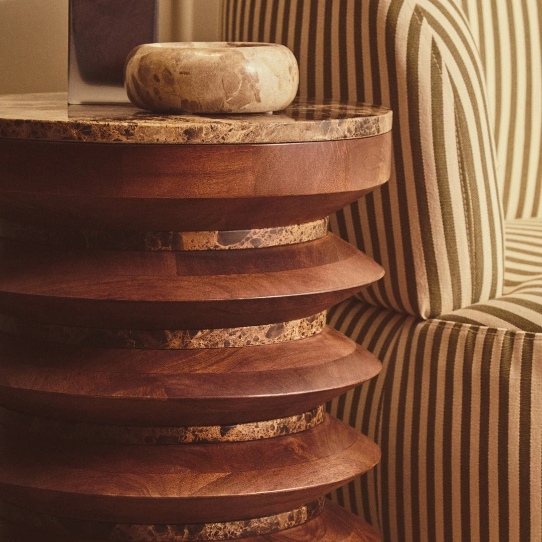Bora Round Marble & Mango Wood Carved Side Table