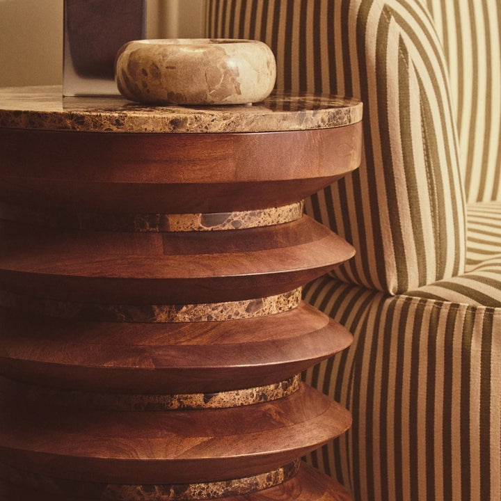 Bora Round Marble & Mango Wood Carved Side Table