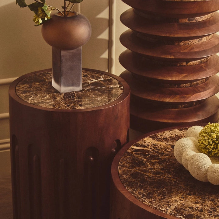 Bora Round Marble & Mango Wood Carved Side Table