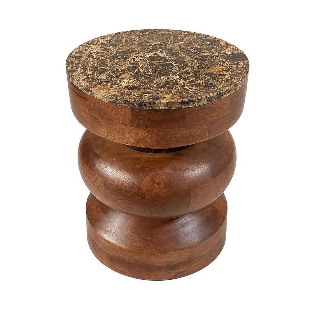 Bora Round Marble & Mango Wood Carved Tiered Side Table