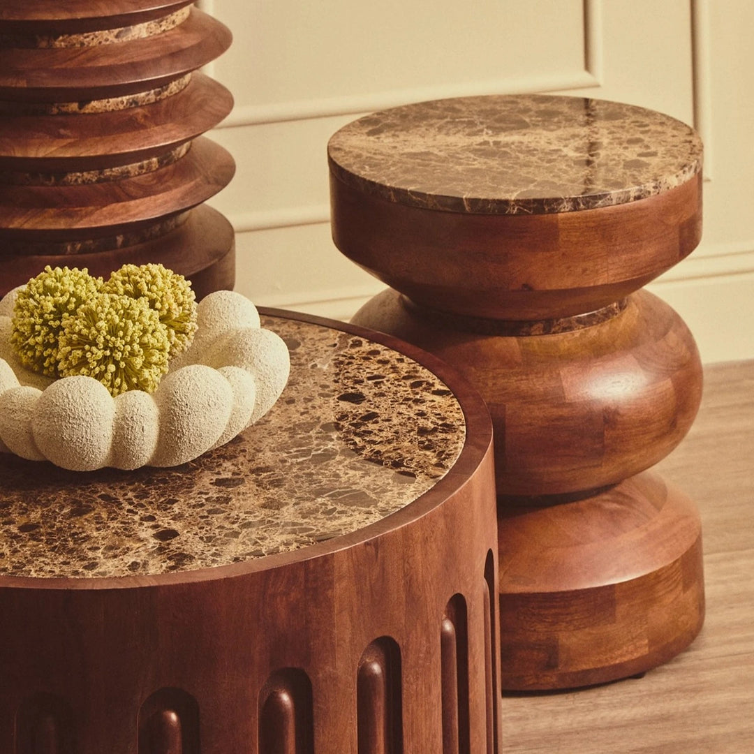 Bora Round Marble & Mango Wood Carved Tiered Side Table
