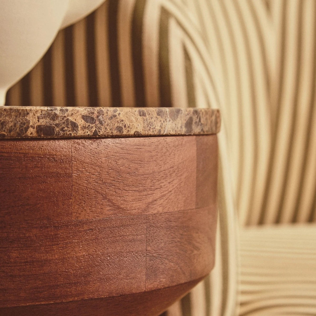 Bora Round Marble & Mango Wood Carved Tiered Side Table