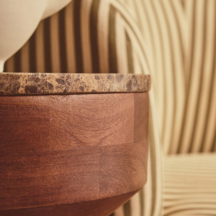 Bora Round Marble & Mango Wood Carved Tiered Side Table