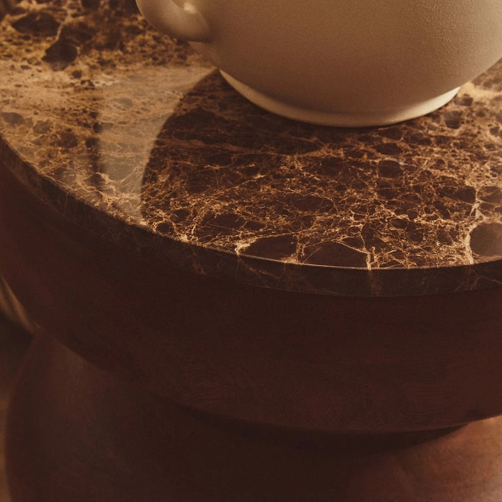 Bora Round Marble & Mango Wood Carved Tiered Side Table