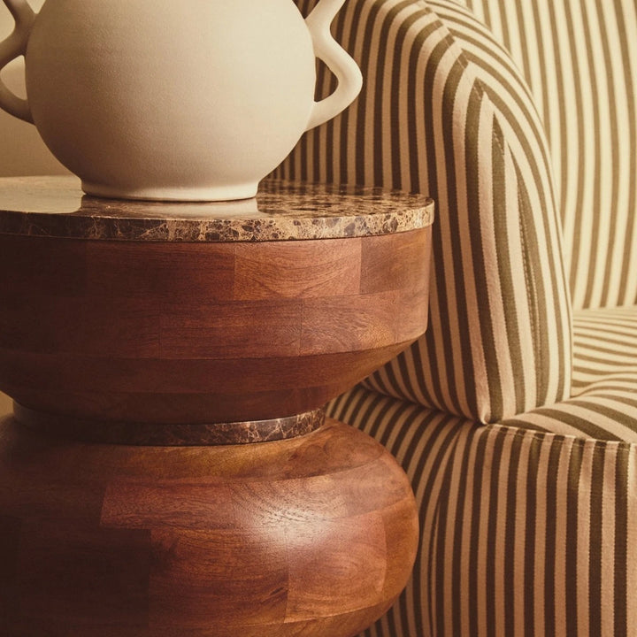 Bora Round Marble & Mango Wood Carved Tiered Side Table