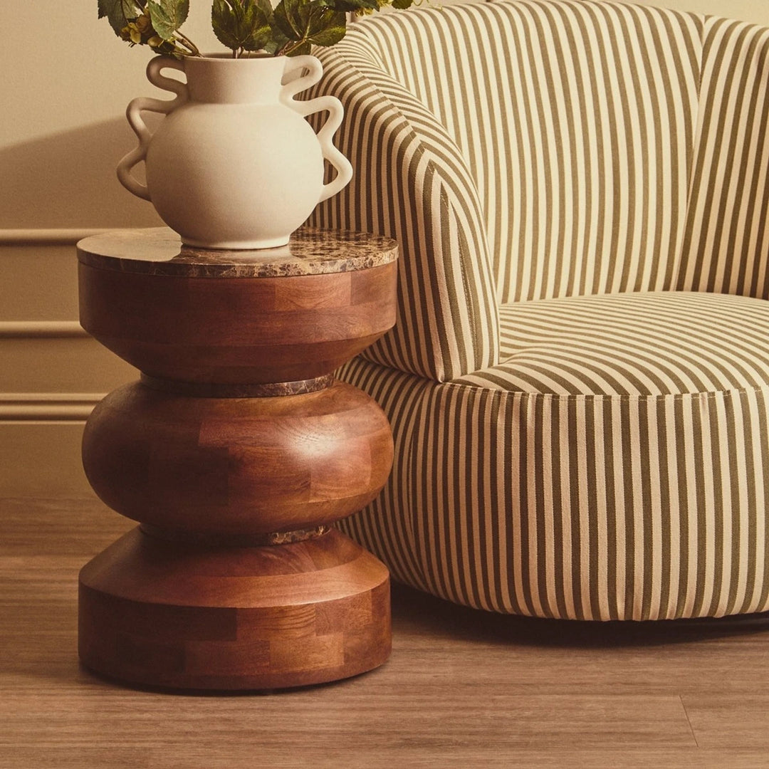 Bora Round Marble & Mango Wood Carved Tiered Side Table